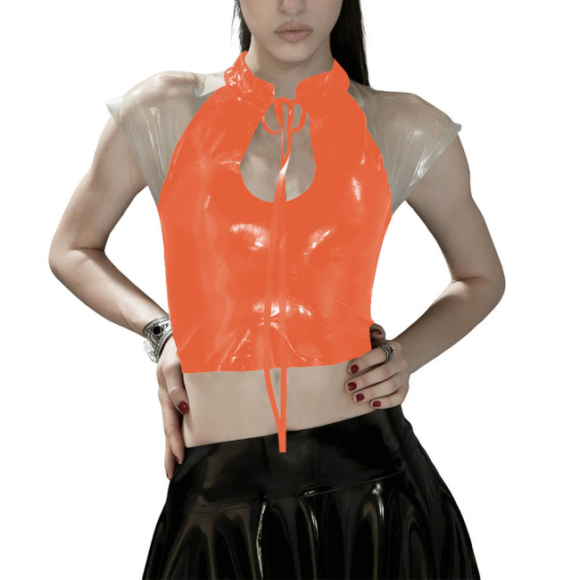 Glossy PVC Leather Gothic Crop Top Transparent Sheer Party Tie-Up Short Tee Fetish Clubwear Women Sexy Zipper Back Bodycon Top