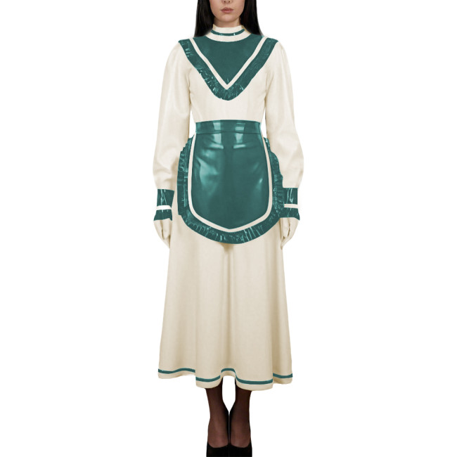 Women's High Neck Sweet Maid Dress Glossy PVC Leather Crossdresser Cosplay Maid Uniform Fetish French Apron Sissy Party Dress