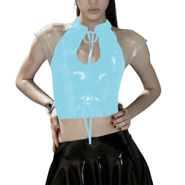 Glossy PVC Leather Gothic Crop Top Transparent Sheer Party Tie-Up Short Tee Fetish Clubwear Women Sexy Zipper Back Bodycon Top