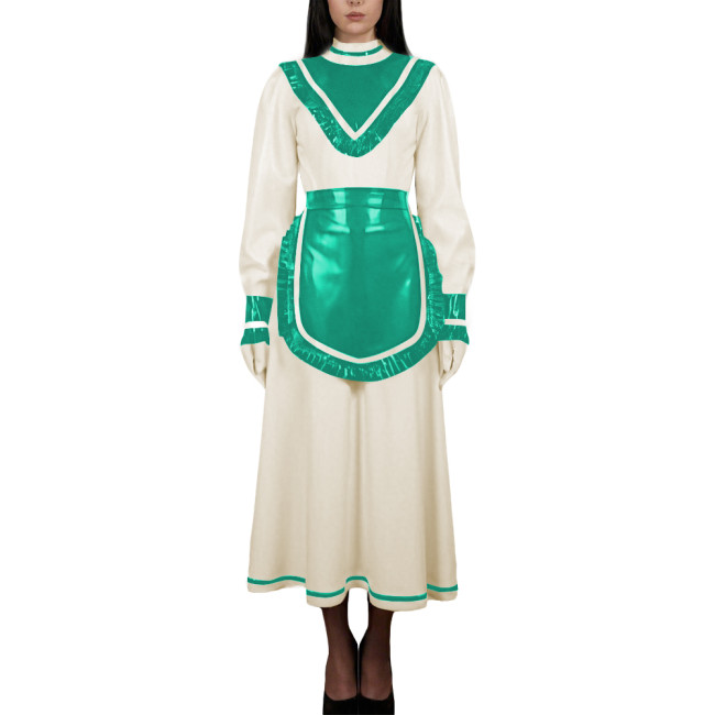 Women's High Neck Sweet Maid Dress Glossy PVC Leather Crossdresser Cosplay Maid Uniform Fetish French Apron Sissy Party Dress