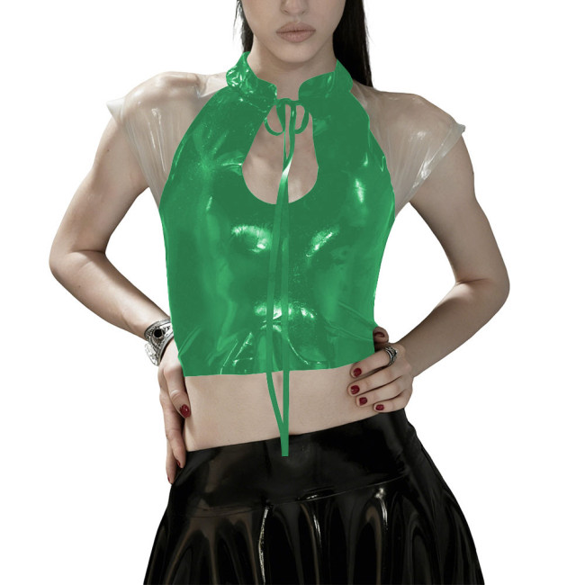 Glossy PVC Leather Gothic Crop Top Transparent Sheer Party Tie-Up Short Tee Fetish Clubwear Women Sexy Zipper Back Bodycon Top