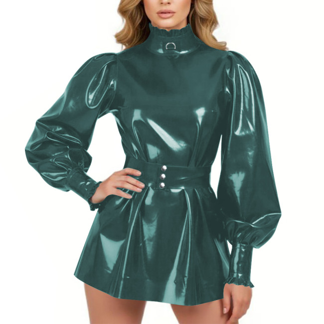 Glossy PVC Leather High Neck Sexy A-line Mini Dress Puff Ruffle Trim Gothic Party Belted Short Dress Wetlook Fetish Ladies DressProm Gown