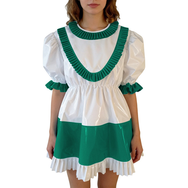 Sissy Lolita Ruffles Hem PVC Glossy Mini Dress Puff Short Sleeve Patchwork A-line Dress Vinyl Halloween Party Cosplay Outfit 7XL
