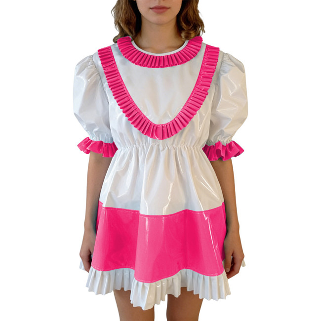 Sissy Lolita Ruffles Hem PVC Glossy Mini Dress Puff Short Sleeve Patchwork A-line Dress Vinyl Halloween Party Cosplay Outfit 7XL