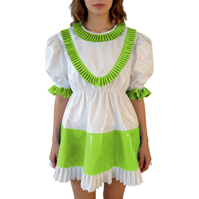 Sissy Lolita Ruffles Hem PVC Glossy Mini Dress Puff Short Sleeve Patchwork A-line Dress Vinyl Halloween Party Cosplay Outfit 7XL