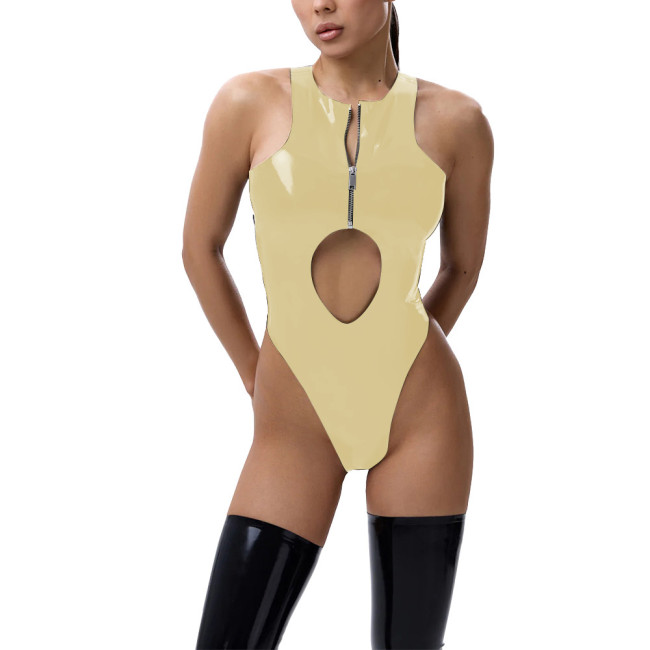 Womens Sexy Sleeveless Hollow Out Bodysuit PVC Glossy Leather Swimsuit Ladies Zipper Tights High Cut Rompers Teddies Clubwear