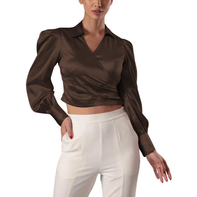 Fashion Satin Women's Blouse Shirt Ladies V-Neck Lantern Sleeve Solid Color Crop Tops Office OL Slim Shirt Female Top Streetwear