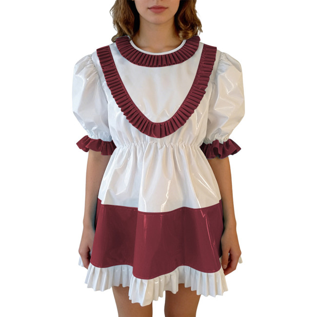Sissy Lolita Ruffles Hem PVC Glossy Mini Dress Puff Short Sleeve Patchwork A-line Dress Vinyl Halloween Party Cosplay Outfit 7XL