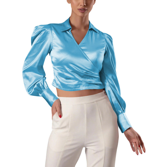 Fashion Satin Women's Blouse Shirt Ladies V-Neck Lantern Sleeve Solid Color Crop Tops Office OL Slim Shirt Female Top Streetwear