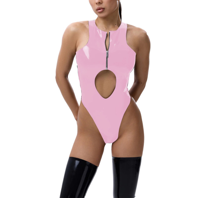 Womens Sexy Sleeveless Hollow Out Bodysuit PVC Glossy Leather Swimsuit Ladies Zipper Tights High Cut Rompers Teddies Clubwear