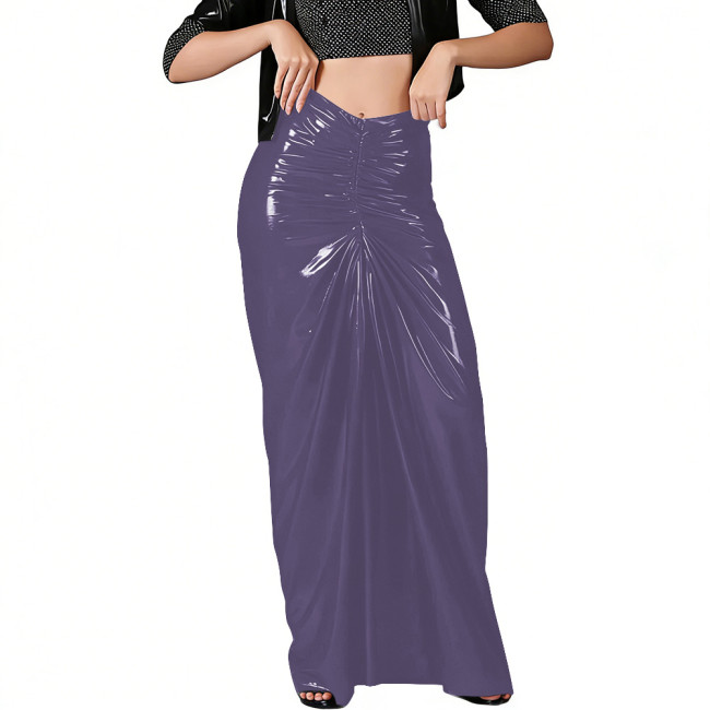 Club Sexy Draped Glossy PVC Leather Maxi Skirts Womens's Fashion Casual Pleated Long Skirts Wetlook V-shaped Ruched Party Skirts