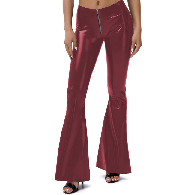 Sexy High Waist PVC Glossy Leather Pants Casual Zipper Bell Bottom Flare Pants Womens Party Dancing Slim Long Trousers Clubwear