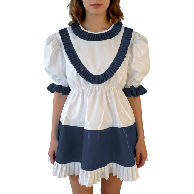 Sissy Lolita Ruffles Hem PVC Glossy Mini Dress Puff Short Sleeve Patchwork A-line Dress Vinyl Halloween Party Cosplay Outfit 7XL