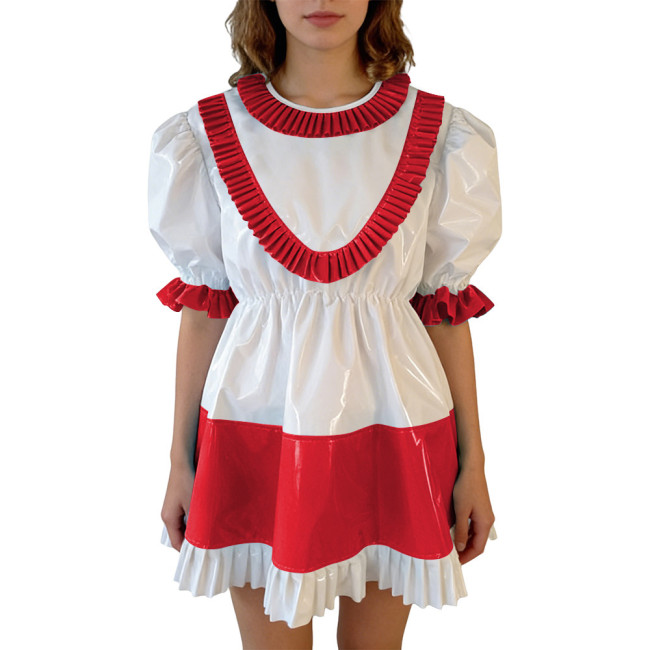 Sissy Lolita Ruffles Hem PVC Glossy Mini Dress Puff Short Sleeve Patchwork A-line Dress Vinyl Halloween Party Cosplay Outfit 7XL