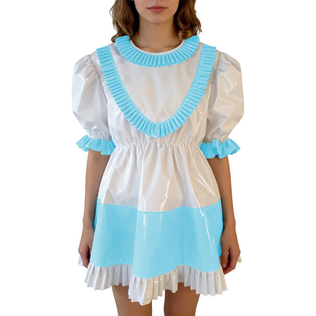 Sissy Lolita Ruffles Hem PVC Glossy Mini Dress Puff Short Sleeve Patchwork A-line Dress Vinyl Halloween Party Cosplay Outfit 7XL