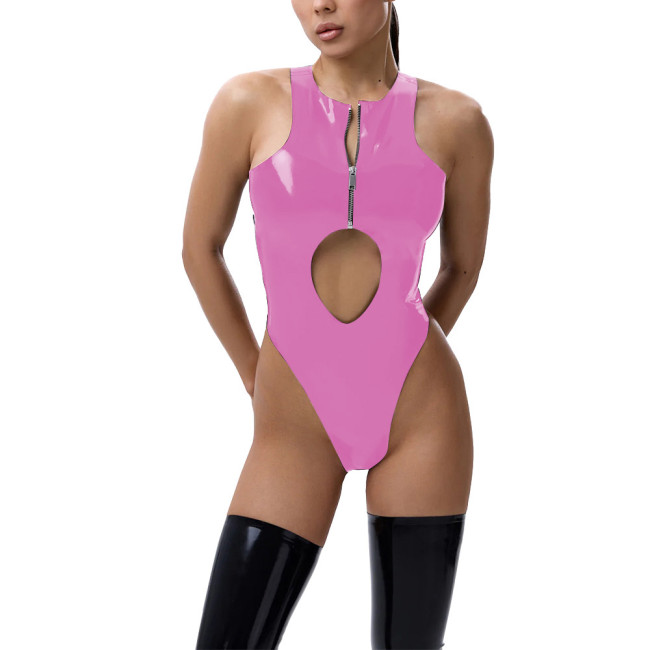 Womens Sexy Sleeveless Hollow Out Bodysuit PVC Glossy Leather Swimsuit Ladies Zipper Tights High Cut Rompers Teddies Clubwear