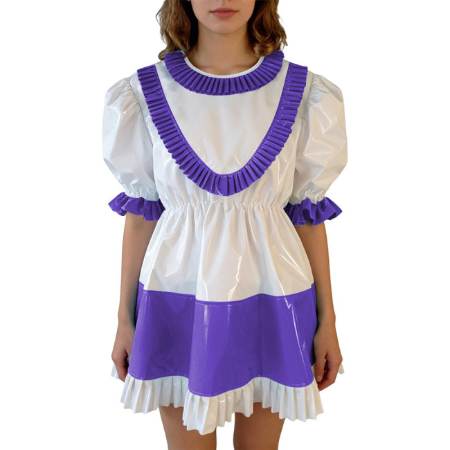 Sissy Lolita Ruffles Hem PVC Glossy Mini Dress Puff Short Sleeve Patchwork A-line Dress Vinyl Halloween Party Cosplay Outfit 7XL
