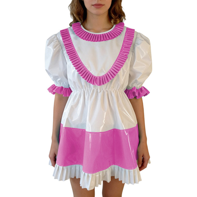 Sissy Lolita Ruffles Hem PVC Glossy Mini Dress Puff Short Sleeve Patchwork A-line Dress Vinyl Halloween Party Cosplay Outfit 7XL