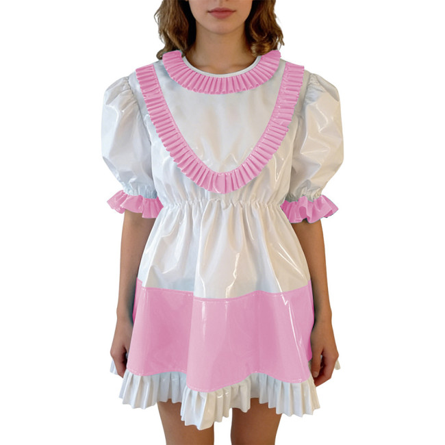 Sissy Lolita Ruffles Hem PVC Glossy Mini Dress Puff Short Sleeve Patchwork A-line Dress Vinyl Halloween Party Cosplay Outfit 7XL