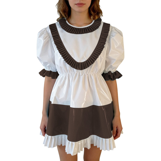 Sissy Lolita Ruffles Hem PVC Glossy Mini Dress Puff Short Sleeve Patchwork A-line Dress Vinyl Halloween Party Cosplay Outfit 7XL