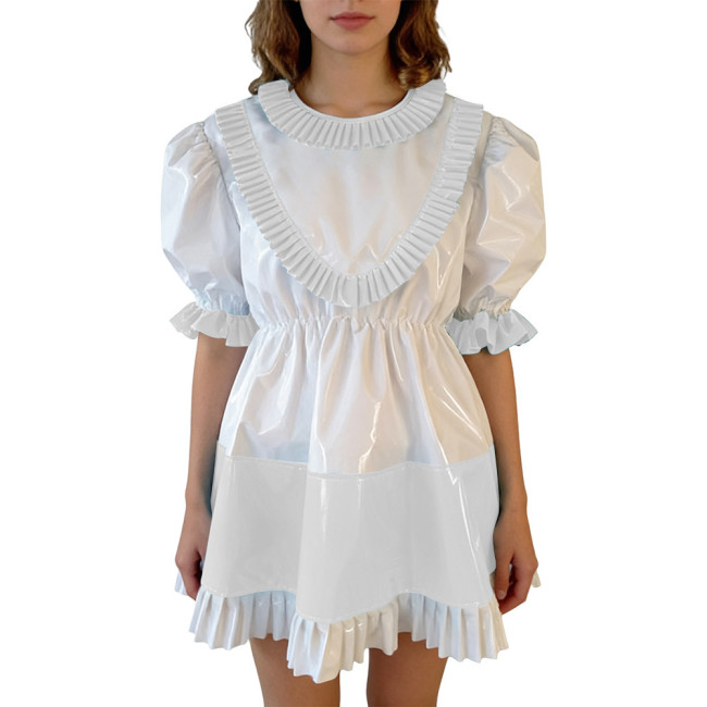 Sissy Lolita Ruffles Hem PVC Glossy Mini Dress Puff Short Sleeve Patchwork A-line Dress Vinyl Halloween Party Cosplay Outfit 7XL