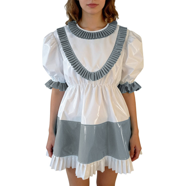 Sissy Lolita Ruffles Hem PVC Glossy Mini Dress Puff Short Sleeve Patchwork A-line Dress Vinyl Halloween Party Cosplay Outfit 7XL