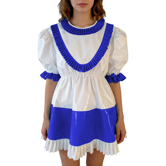 Sissy Lolita Ruffles Hem PVC Glossy Mini Dress Puff Short Sleeve Patchwork A-line Dress Vinyl Halloween Party Cosplay Outfit 7XL