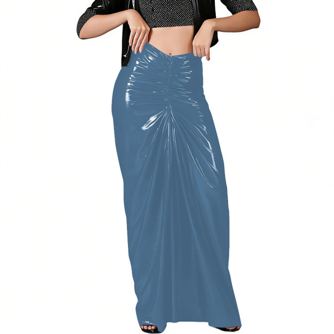 Club Sexy Draped Glossy PVC Leather Maxi Skirts Womens's Fashion Casual Pleated Long Skirts Wetlook V-shaped Ruched Party Skirts