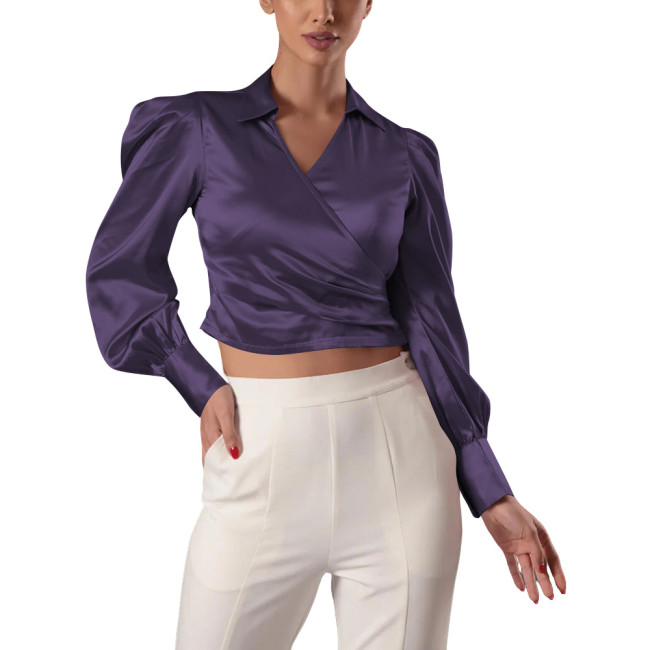 Fashion Satin Women's Blouse Shirt Ladies V-Neck Lantern Sleeve Solid Color Crop Tops Office OL Slim Shirt Female Top Streetwear