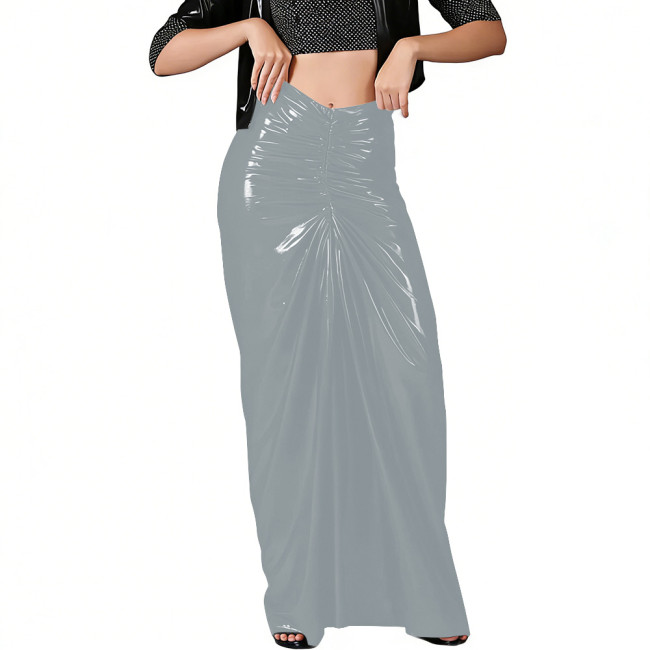 Club Sexy Draped Glossy PVC Leather Maxi Skirts Womens's Fashion Casual Pleated Long Skirts Wetlook V-shaped Ruched Party Skirts