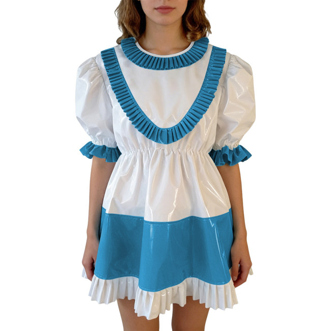 Sissy Lolita Ruffles Hem PVC Glossy Mini Dress Puff Short Sleeve Patchwork A-line Dress Vinyl Halloween Party Cosplay Outfit 7XL