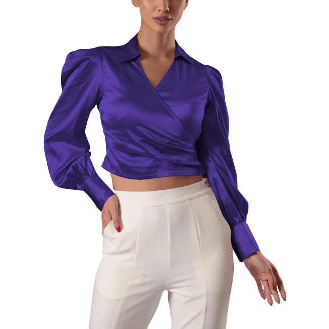 Fashion Satin Women's Blouse Shirt Ladies V-Neck Lantern Sleeve Solid Color Crop Tops Office OL Slim Shirt Female Top Streetwear