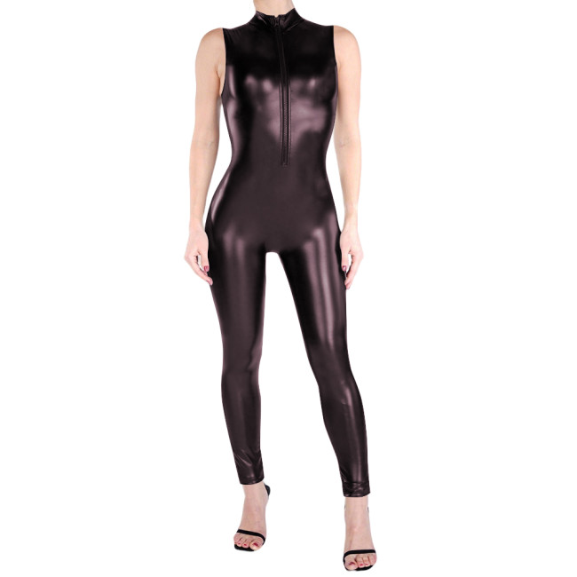 Sleeveless Matte PU Leather Catsuit High Neck Zipper Front Faux Leather Bodysuit Party Outfits Wetlook Fetish Cosplay Jumpsuit