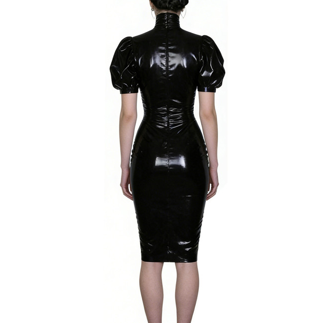 Elegant Vinyl Puff Sleeves Midi Dress for Clubwear High Neck Bodycon Party Dress Glossy PVC Leather Evening Gown Female Vestidos