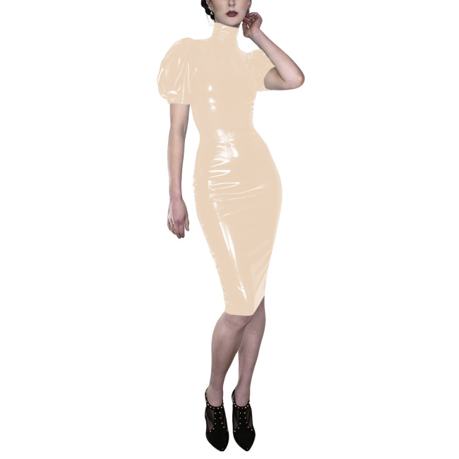 Elegant Vinyl Puff Sleeves Midi Dress for Clubwear High Neck Bodycon Party Dress Glossy PVC Leather Evening Gown Female Vestidos