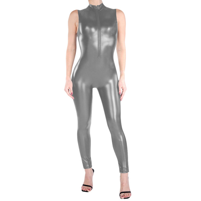 Sleeveless Matte PU Leather Catsuit High Neck Zipper Front Faux Leather Bodysuit Party Outfits Wetlook Fetish Cosplay Jumpsuit