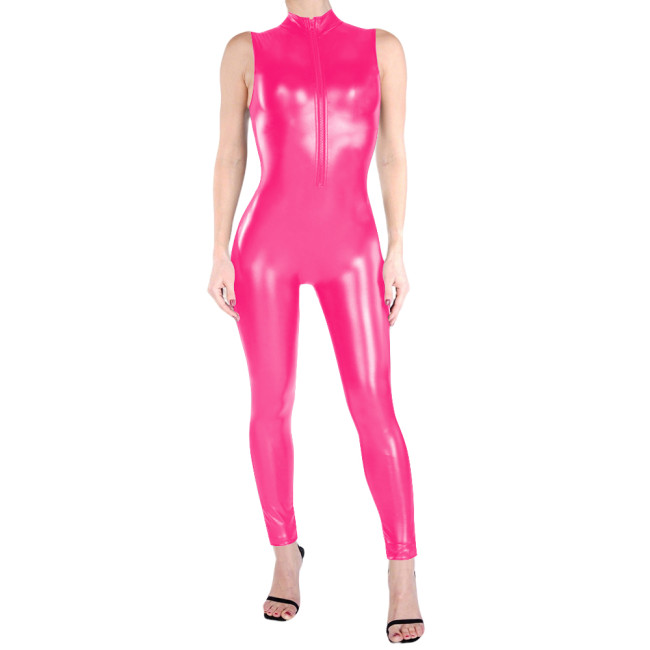Sleeveless Matte PU Leather Catsuit High Neck Zipper Front Faux Leather Bodysuit Party Outfits Wetlook Fetish Cosplay Jumpsuit