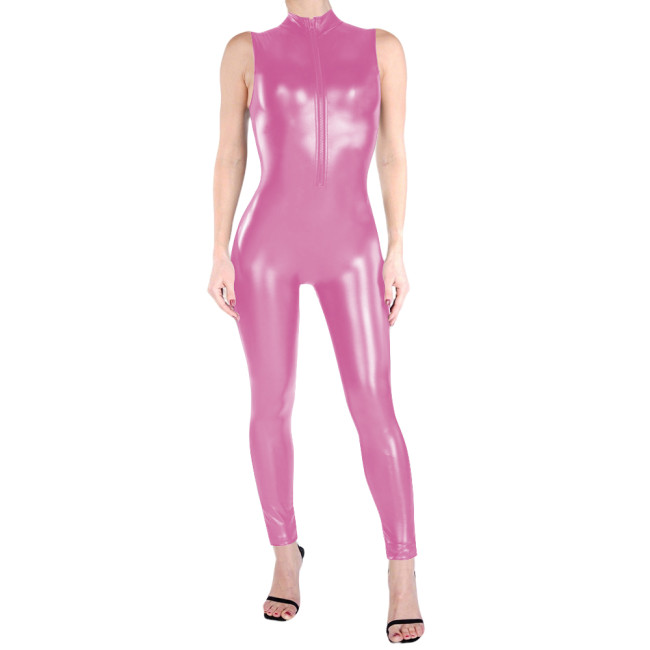 Sleeveless Matte PU Leather Catsuit High Neck Zipper Front Faux Leather Bodysuit Party Outfits Wetlook Fetish Cosplay Jumpsuit