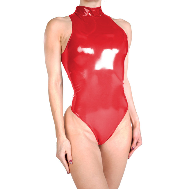 Glossy Womens Club Cosplay Bodysuit High Neck Sleeveless Sexy PVC Faux Leather Party Thong Leotard Erotic Spanking Outfits 7XL