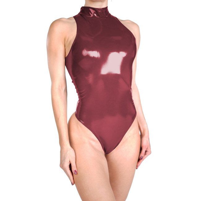 Glossy Womens Club Cosplay Bodysuit High Neck Sleeveless Sexy PVC Faux Leather Party Thong Leotard Erotic Spanking Outfits 7XL