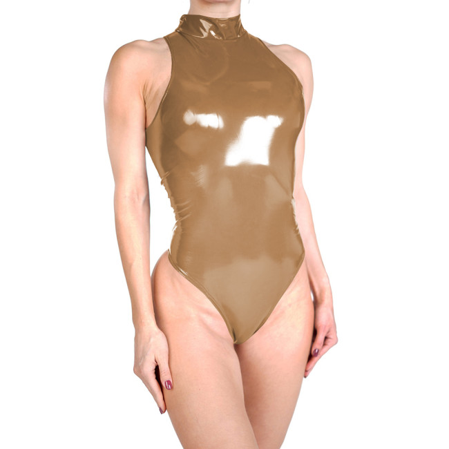 Glossy Womens Club Cosplay Bodysuit High Neck Sleeveless Sexy PVC Faux Leather Party Thong Leotard Erotic Spanking Outfits 7XL