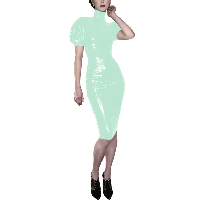Elegant Vinyl Puff Sleeves Midi Dress for Clubwear High Neck Bodycon Party Dress Glossy PVC Leather Evening Gown Female Vestidos
