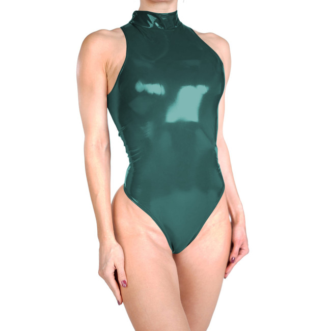 Glossy Womens Club Cosplay Bodysuit High Neck Sleeveless Sexy PVC Faux Leather Party Thong Leotard Erotic Spanking Outfits 7XL