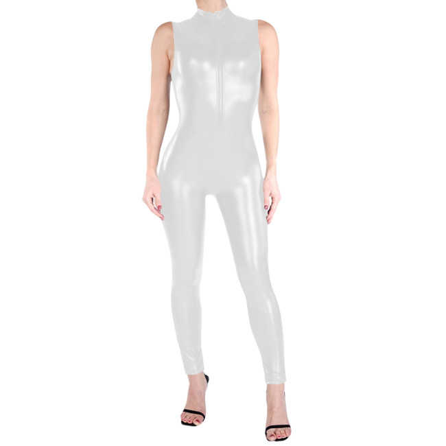 Sleeveless Matte PU Leather Catsuit High Neck Zipper Front Faux Leather Bodysuit Party Outfits Wetlook Fetish Cosplay Jumpsuit