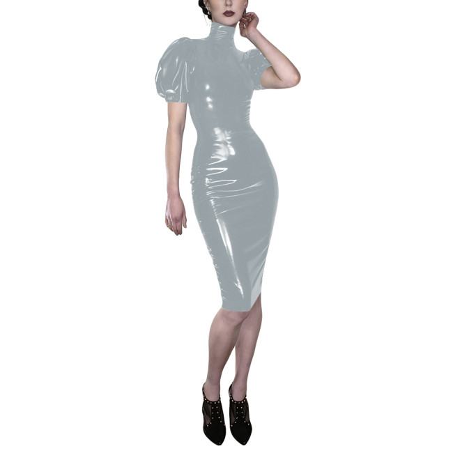Elegant Vinyl Puff Sleeves Midi Dress for Clubwear High Neck Bodycon Party Dress Glossy PVC Leather Evening Gown Female Vestidos
