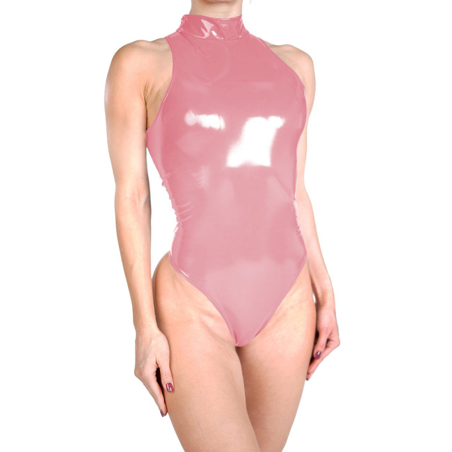 Glossy Womens Club Cosplay Bodysuit High Neck Sleeveless Sexy PVC Faux Leather Party Thong Leotard Erotic Spanking Outfits 7XL