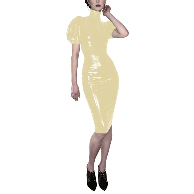 Elegant Vinyl Puff Sleeves Midi Dress for Clubwear High Neck Bodycon Party Dress Glossy PVC Leather Evening Gown Female Vestidos