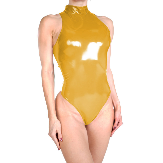 Glossy Womens Club Cosplay Bodysuit High Neck Sleeveless Sexy PVC Faux Leather Party Thong Leotard Erotic Spanking Outfits 7XL