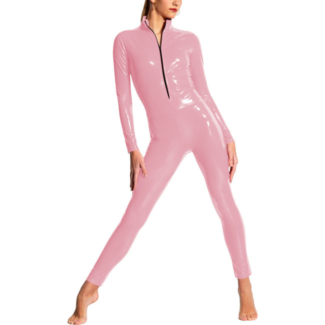 Women Shiny PVC Full Body Jumpsuit High Neck Party Performance Wetlook Exotic Zipper Front Bodycon Catsuit Cosplay Sexy Bodysuit