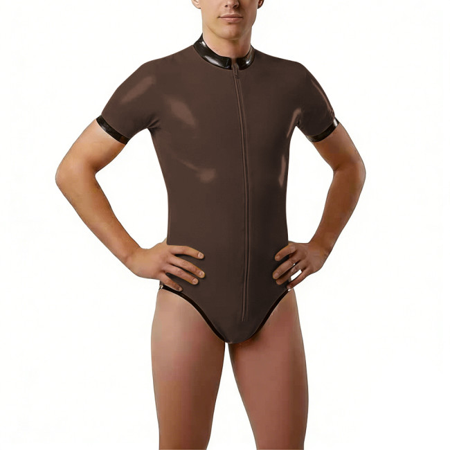 Shiny PVC Short Sleeve Bodysuit High Neck Bodysuit Zipper Contrast Trim Wetlook Bodycon One Piece Catsuit Cosplay Performance